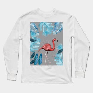 Flamingo with tropical leaves and a gray background Long Sleeve T-Shirt